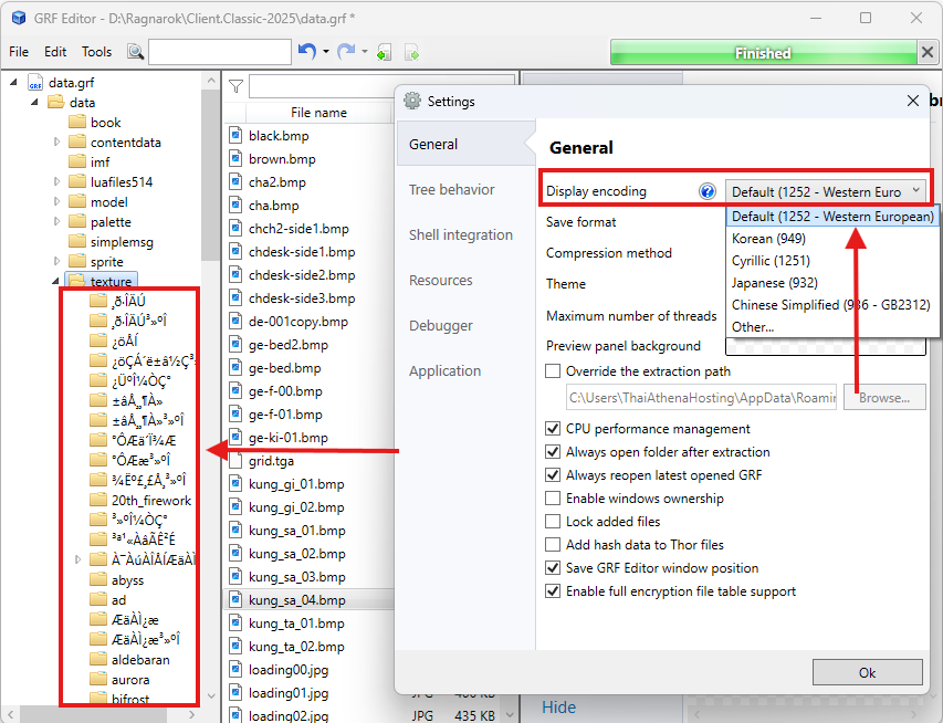 GRF Editor Settings Display encoding เลือก Default 1252